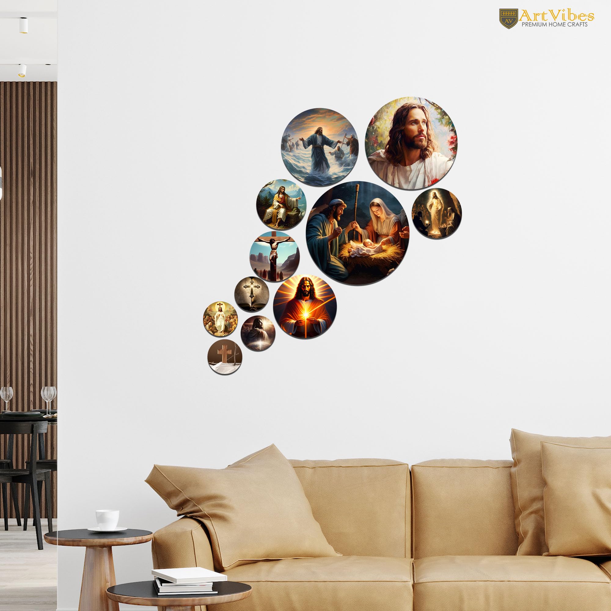 Artvibes Jesus & Nativity Christian Spiritual Round Shape MDF Wooden Wall Art for Home Decoration | Spiritual Decor Items | Wall Sculpture | Signs & Plaques | Gift Items (WPS_130N), Set of 11