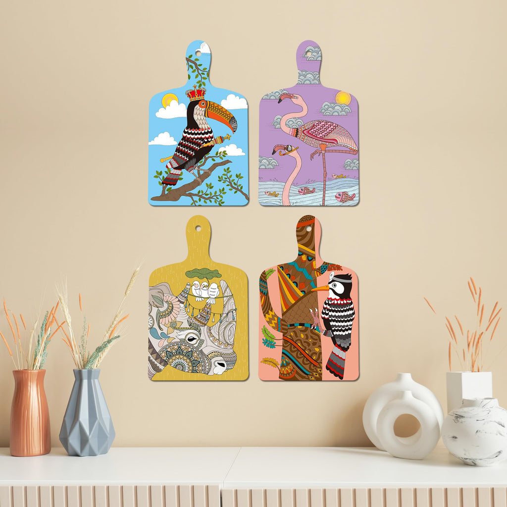 Artvibes Woodpeckers Rhino Swan Modern Art Decorative MDF Wooden Wall Art for Home | Room Wall Art | Wood Decorative Items | Modern Decoration | Wall Illustrations | Gift Items (WH_5623N), Set of 4