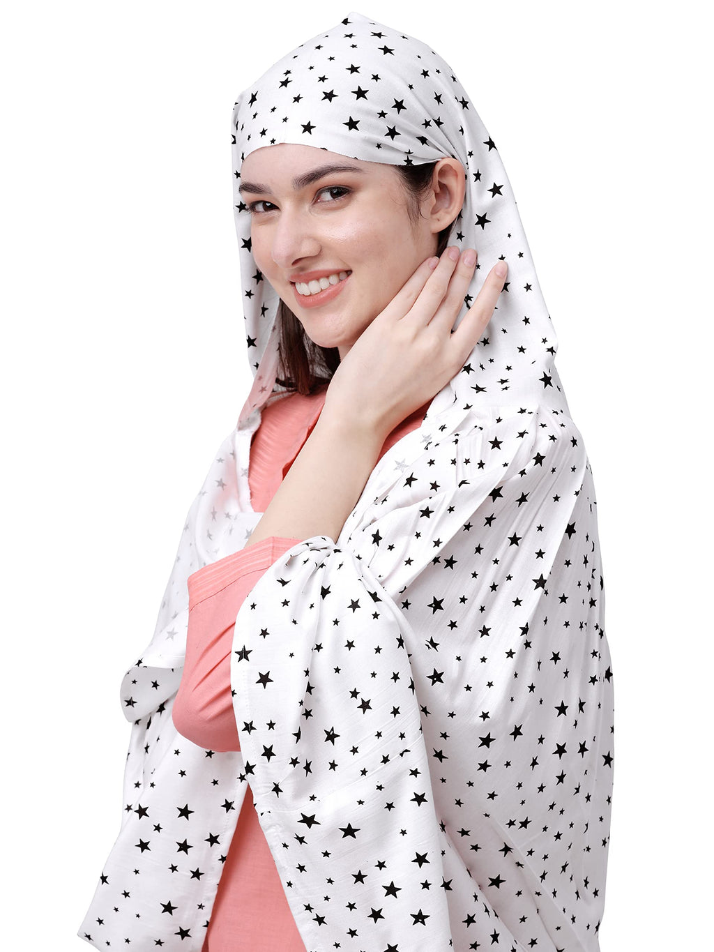 7 season's Cotton Long Scarf Cum Mask Universal Size Usable For Vehicle Driver For Sunlight UV Protection White Printed Design For Girl & Women (Long Black Star), Female