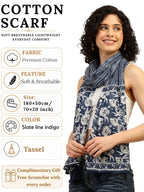 KE KANHA EXPORTS Scarf for Women Premium Cotton Boho | Dual Tone Border Print Stole with Tassels | Lightweight Summer Beach Wrap 180 x 50 cm (Slate Line Indigo)