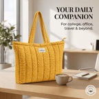 HOUSE OF ORLO Women's Cotton Quilted Aesthetic Tote Bags, Waffle Weave Handmade with Zipper & Double Handles for Women & Girls, Daily Use Handbags for College/Travel/Work (Mustard-Yellow)