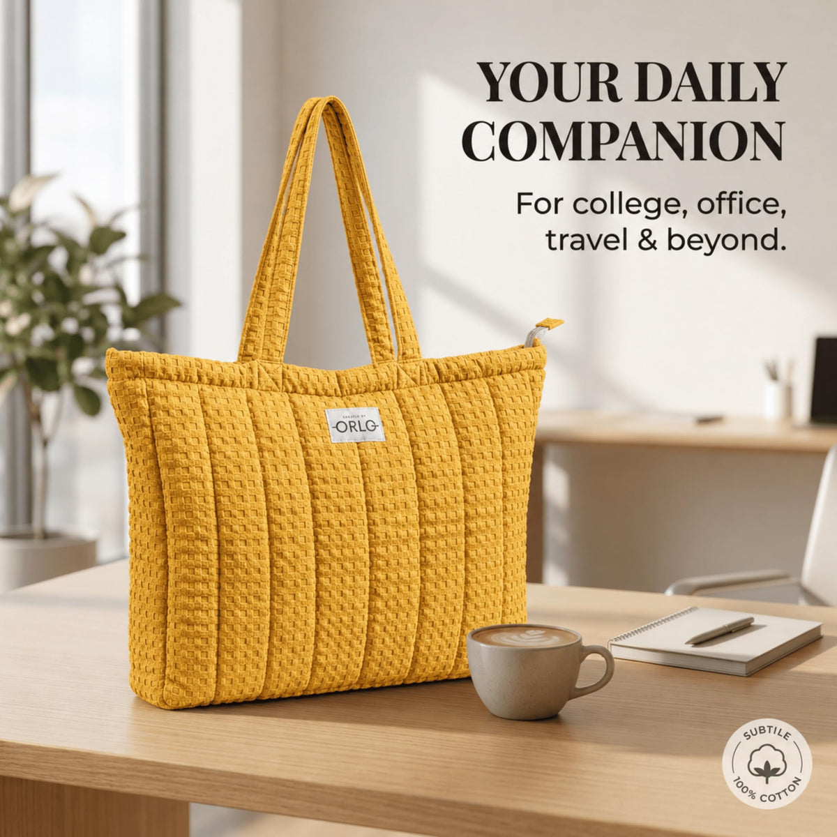 HOUSE OF ORLO Women's Cotton Quilted Aesthetic Tote Bags, Waffle Weave Handmade with Zipper & Double Handles for Women & Girls, Daily Use Handbags for College/Travel/Work (Mustard-Yellow)