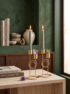 Metalcore Gold Candle Holders Set of 2 - Modern Geometric Metal Candlestick Stand with Dual Stems - 6.5 Tall Decorative Centerpiece for Dining Table, Mantle, Wedding, and Home Decor