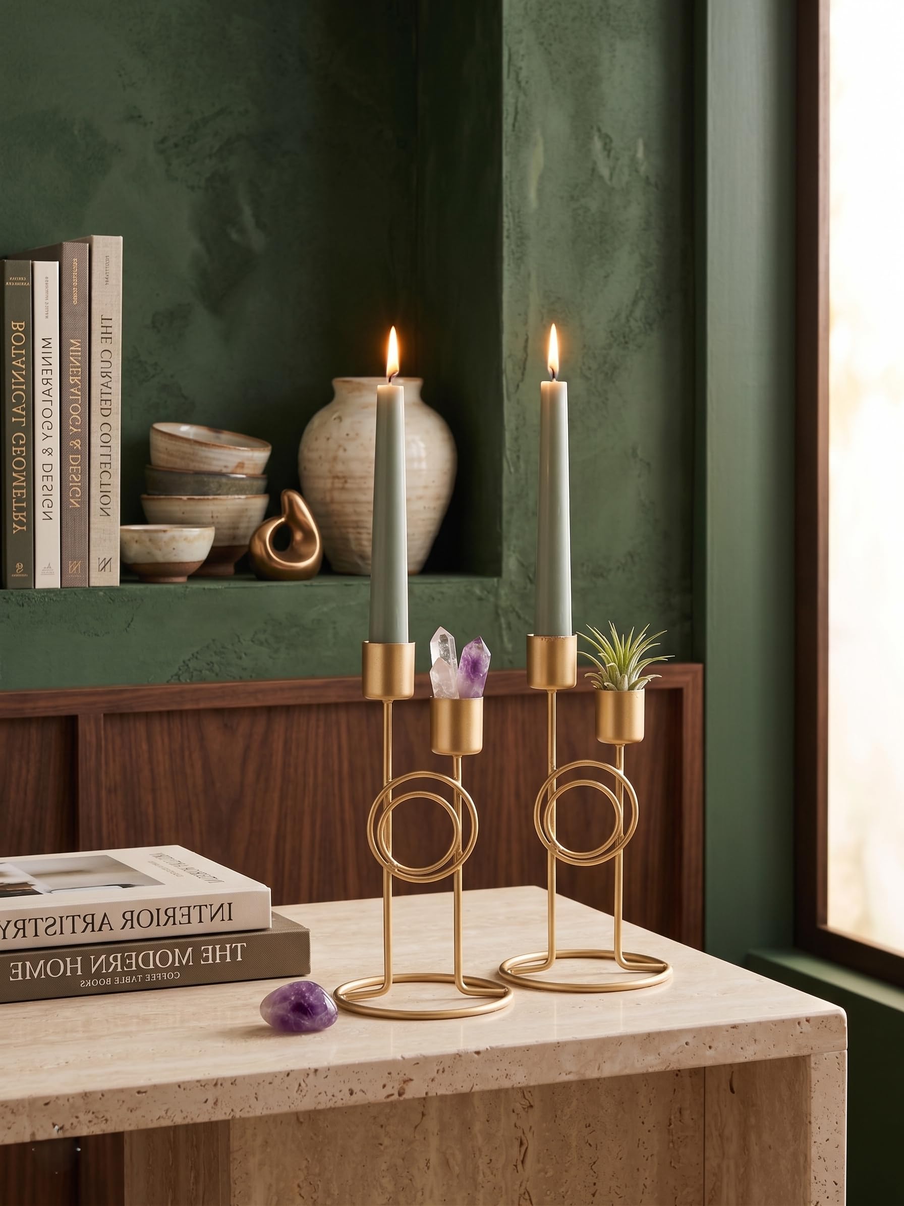 Metalcore Gold Candle Holders Set of 2 - Modern Geometric Metal Candlestick Stand with Dual Stems - 6.5 Tall Decorative Centerpiece for Dining Table, Mantle, Wedding, and Home Decor
