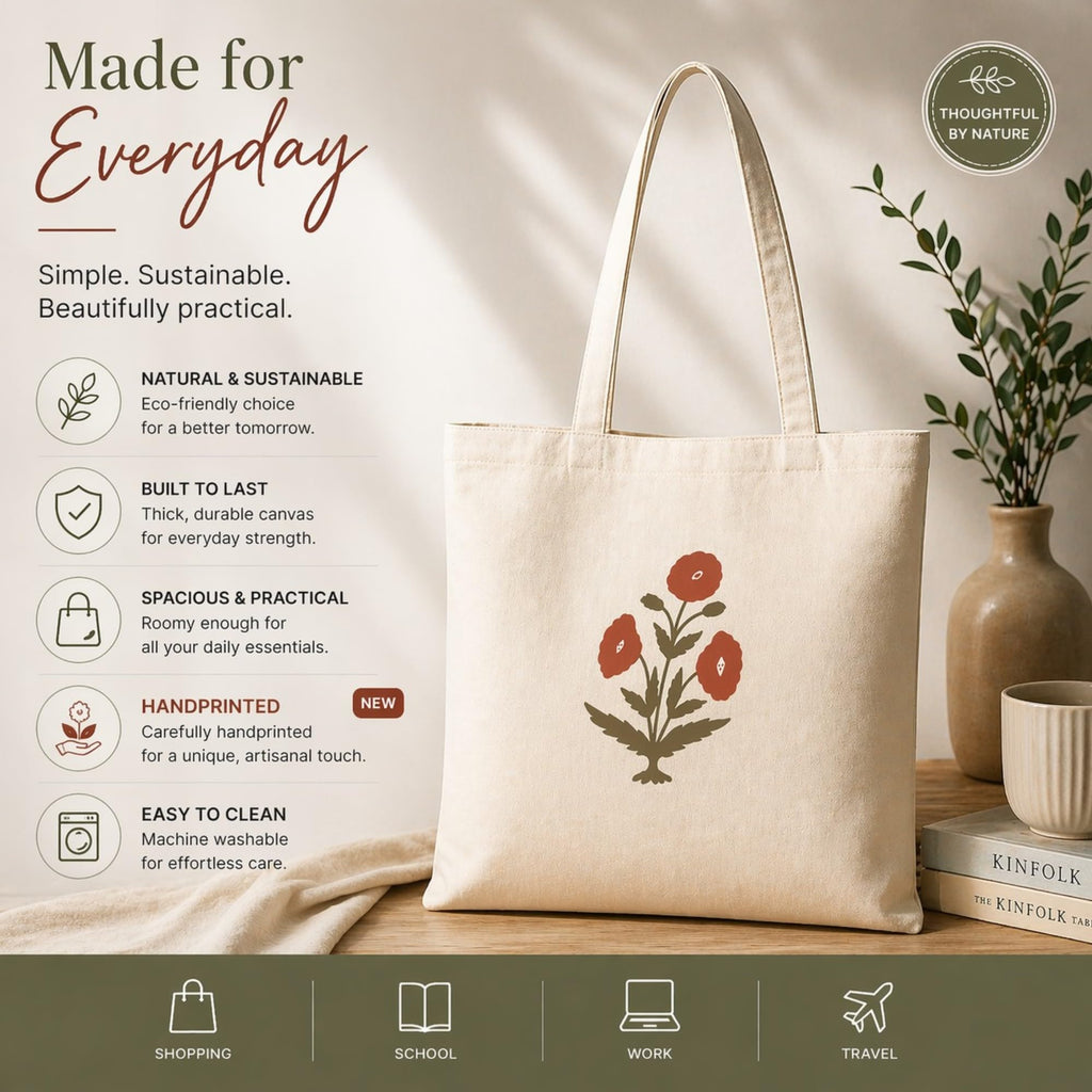 Neelkanth Imprint Eco-Friendly Hand Block Printed Floral Cotton Canvas Tote Bag, Reusable Shopping & Daily Use Shoulder Handbag