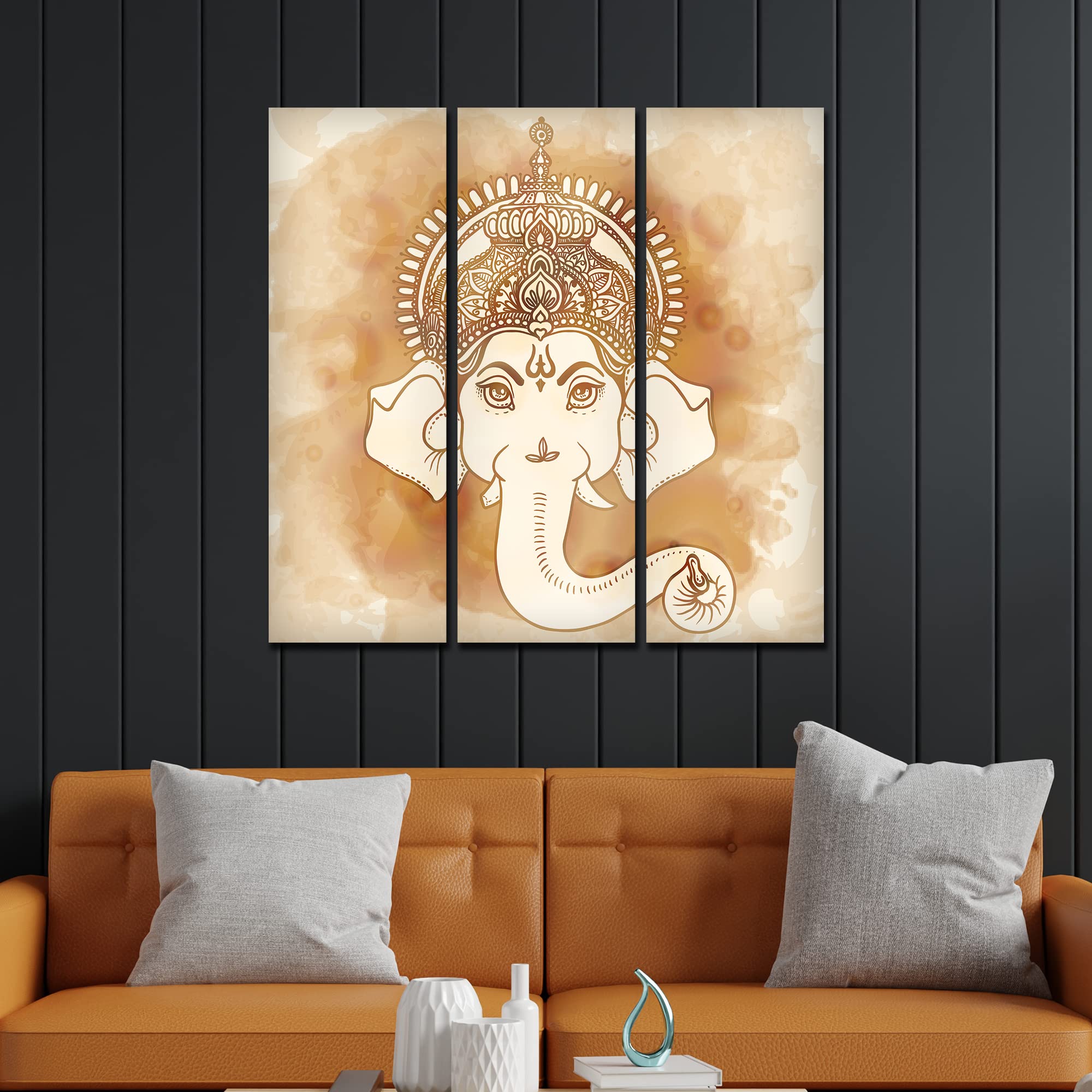 VIBECRAFTS 3 Pieces Beautiful Ganesha Face Canvas Wall Painting Fitted With Wooden Frame For Home | Office | Living Room | Gifts (PTVC3Pcs1_9556)