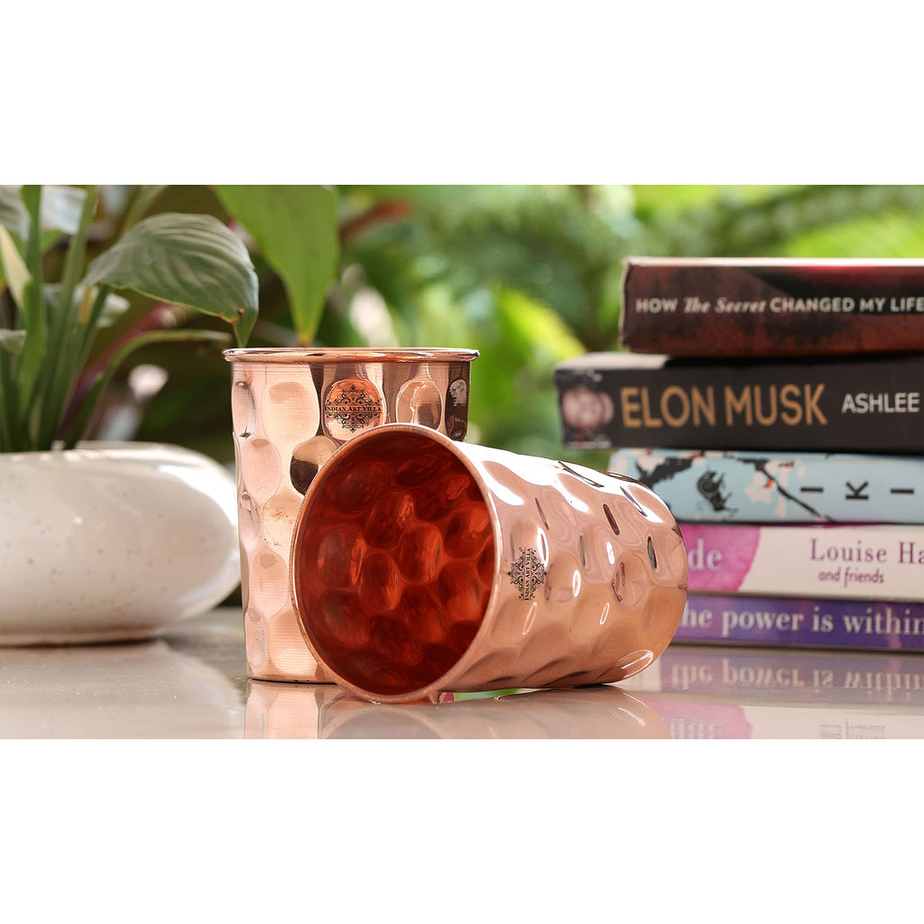 INDIAN ART VILLA Pure Copper Plain Glass with Diamond Hammered Design, Drinking Serving Water, Yoga Ayurveda, Volume-300 ml, Pack of 2