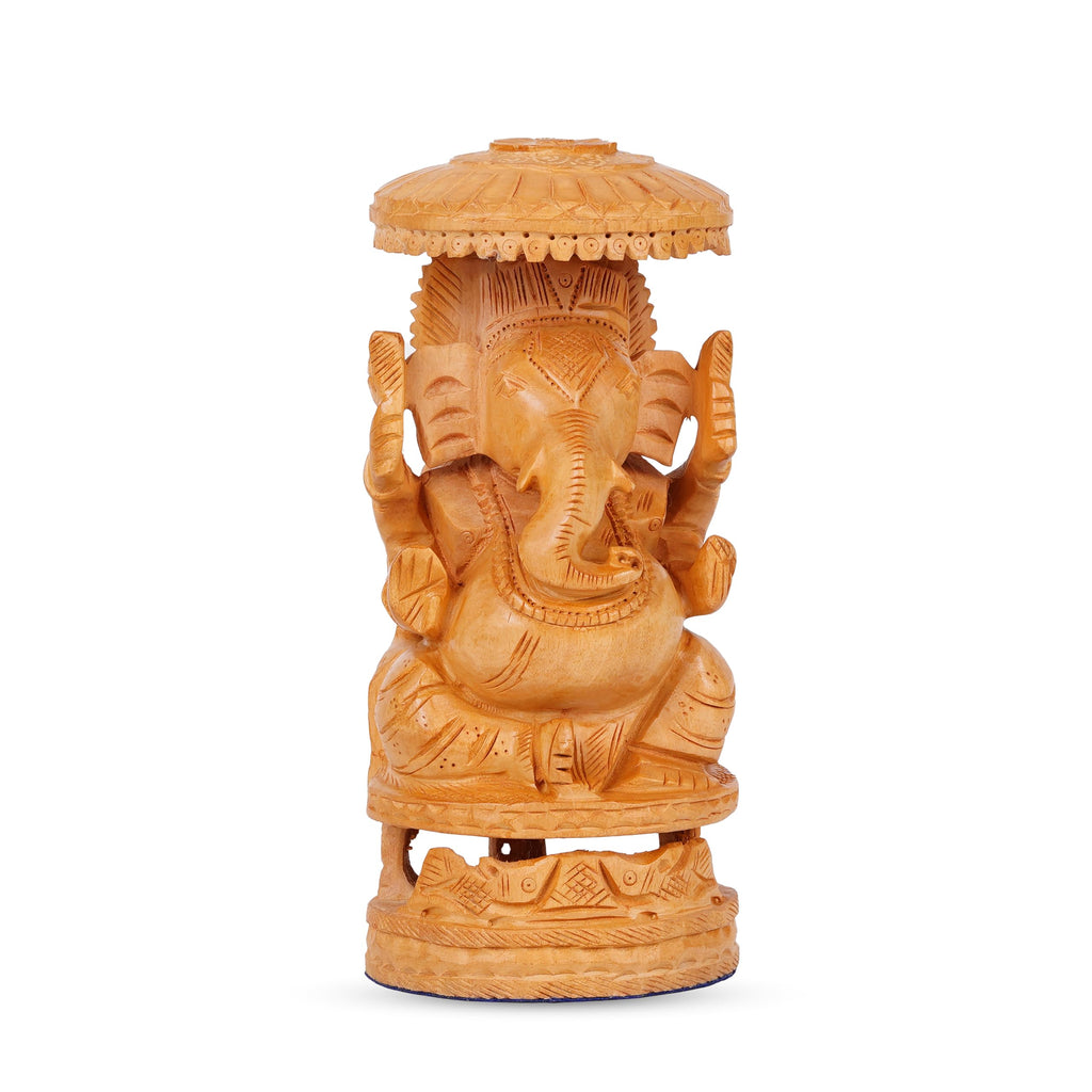 Vasu Creation Hand-Carved Wooden Lord Ganesha Statue with Decorative Umbrella, Traditional Indian Home Decor (4 inch)