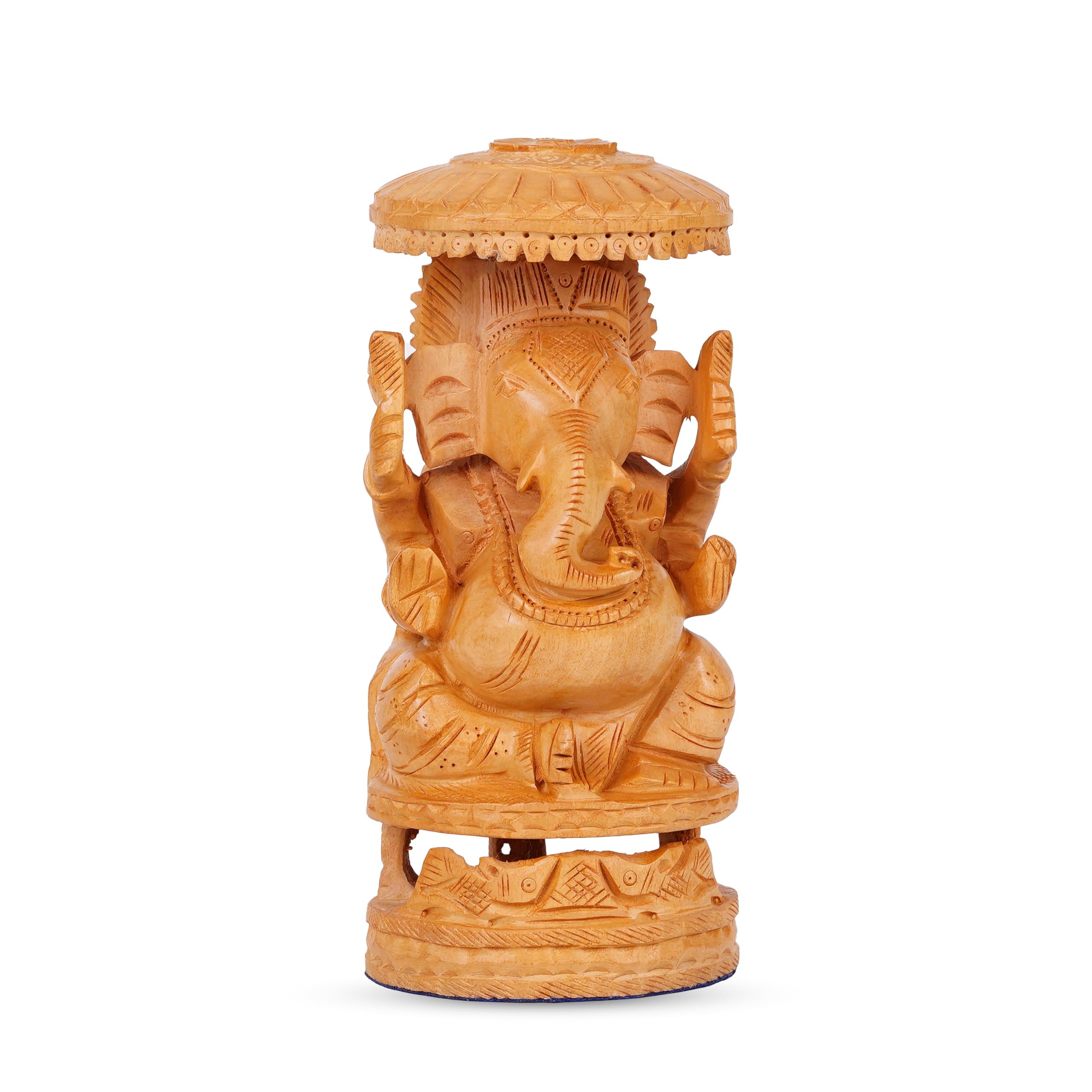 Vasu Creation Hand-Carved Wooden Lord Ganesha Statue with Decorative Umbrella, Traditional Indian Home Decor (4 inch)