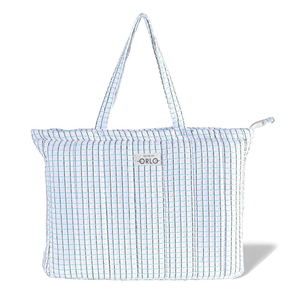 HOUSE OF ORLO Premium Cotton Waffle Quilted Tote Bag, Large Spacious Handbag for College, Office, Work, Travel, Shopping & Daily Use - Black&Aqua