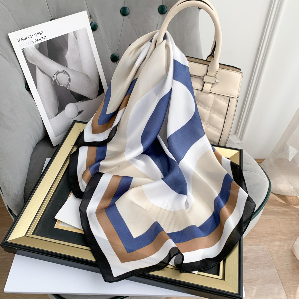 CrossKulture White Blue Beige Stripe printed Poly Silken Feel Bandana Scarf for Women | Satin Feel | Floral Design | Soft & Lightweight Scarf for Handbag | HeadBand Neck Scarf for Girls