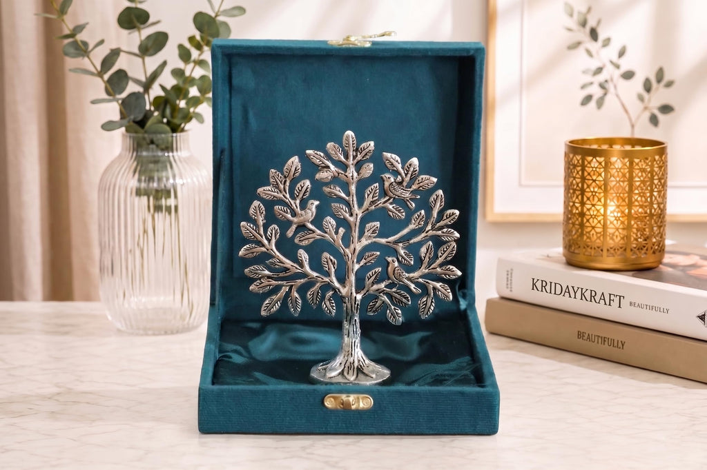 Metal Kalpavriksha Tree for Home Decor - Golden Wish Fulfilling Tree Metal Showpiece for Temple, Vastu, Office Table & Gifting Banyan (No 0 Silver with Box)