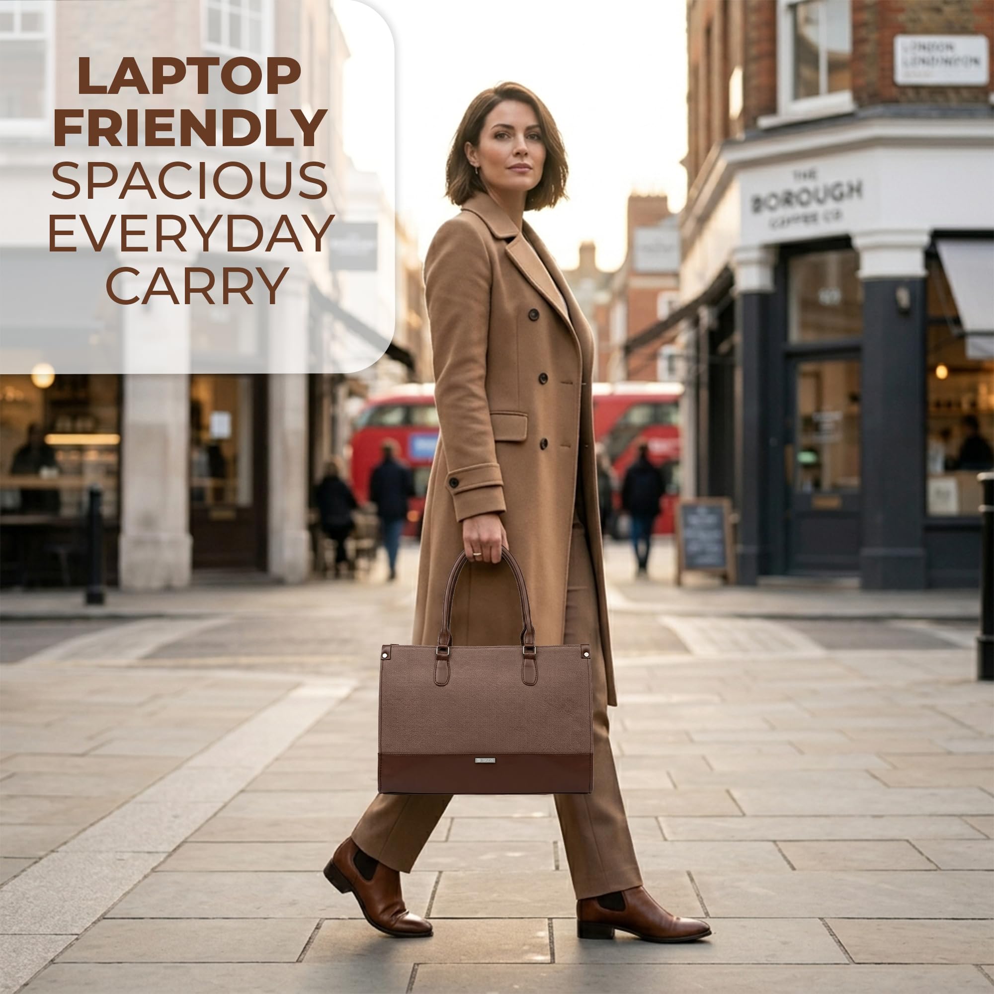 Siza Women's Tote Bag with Laptop Compartment, PU Leather Handbag for Ladies, Large Office Shoulder Bag with Detachable Strap for Work, College, Travel & Daily Use, Dark Brown