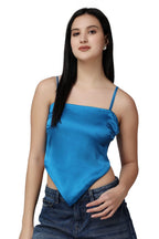 Popwings Women Casual Blue Satin Scarf Knot Solid Crop Top