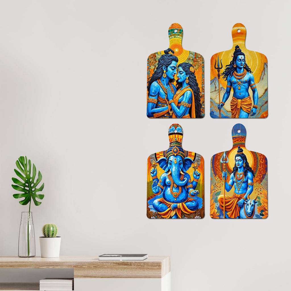 Artvibes Lord Shiva Maa Parvati & Ganesh Devotional Art Auspicious Wooden Art Work Wall Hanging | Spiritual Decor Items | Vastu Paintings | Wall Illustrations | Gift Items (WH_5661N), Set of 4