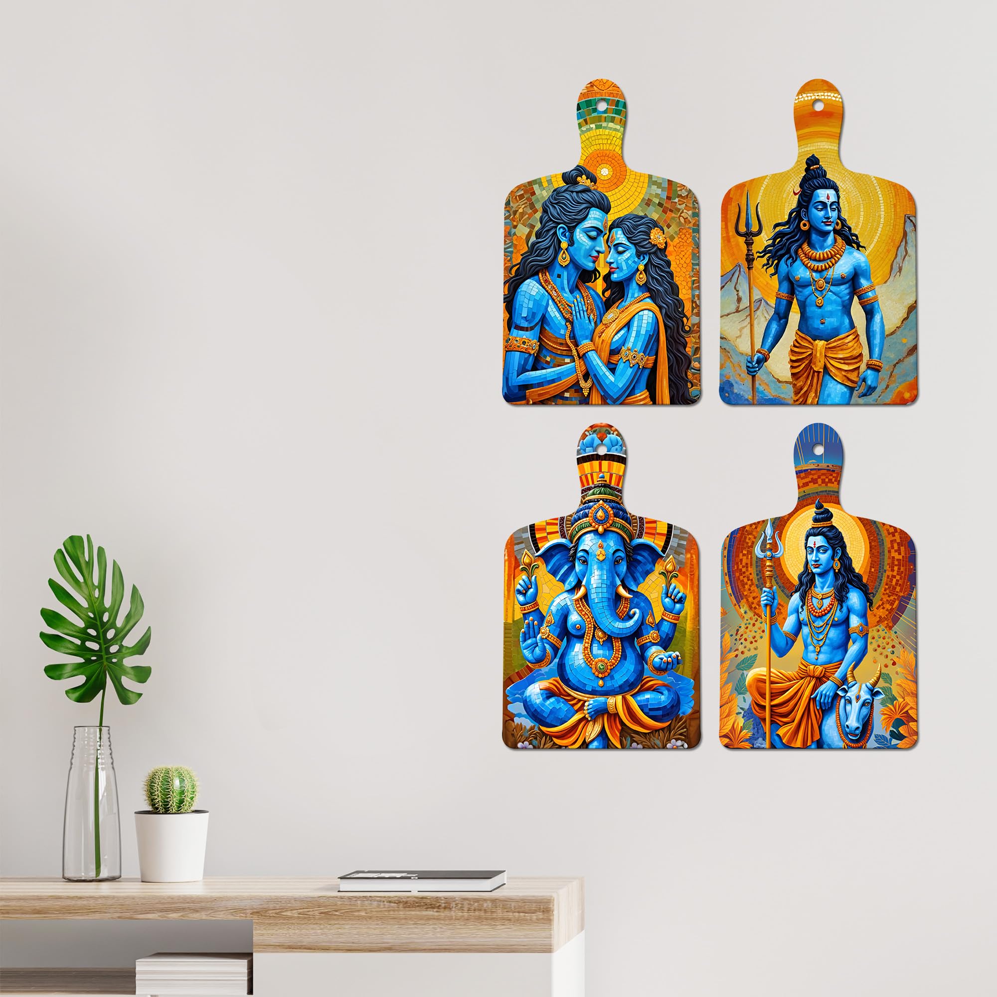 Artvibes Lord Shiva Maa Parvati & Ganesh Devotional Art Auspicious Wooden Art Work Wall Hanging | Spiritual Decor Items | Vastu Paintings | Wall Illustrations | Gift Items (WH_5661N), Set of 4