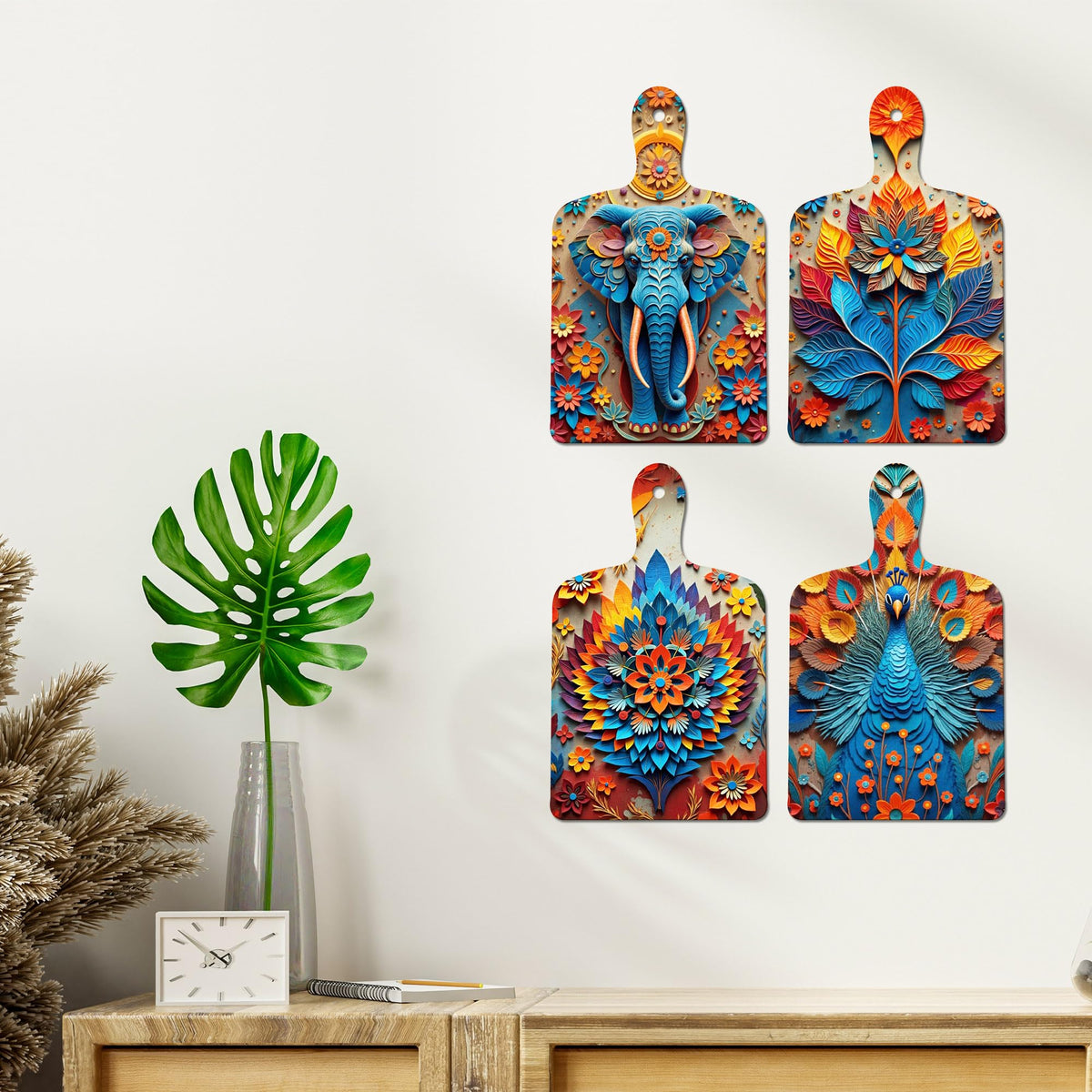 Artvibes Royal Elephant & Peacock Floral Modern Art Decorative Wall Hanging Ornaments | Wall Sculpture | Wood Decorative Items | Modern Decoration | Wall Poster | Unique Gift (WH_5643N), Set of 4