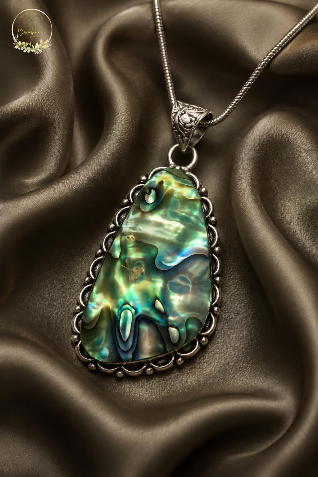 BANITHANI Natural Stone Pendant Necklace for Women | German Silver Chain Necklace | Handmade Artisan Jewelry | Premium Fashion Pendant | Daily Wear, Party, Traditional & Casual Gift (Natural Abalone)