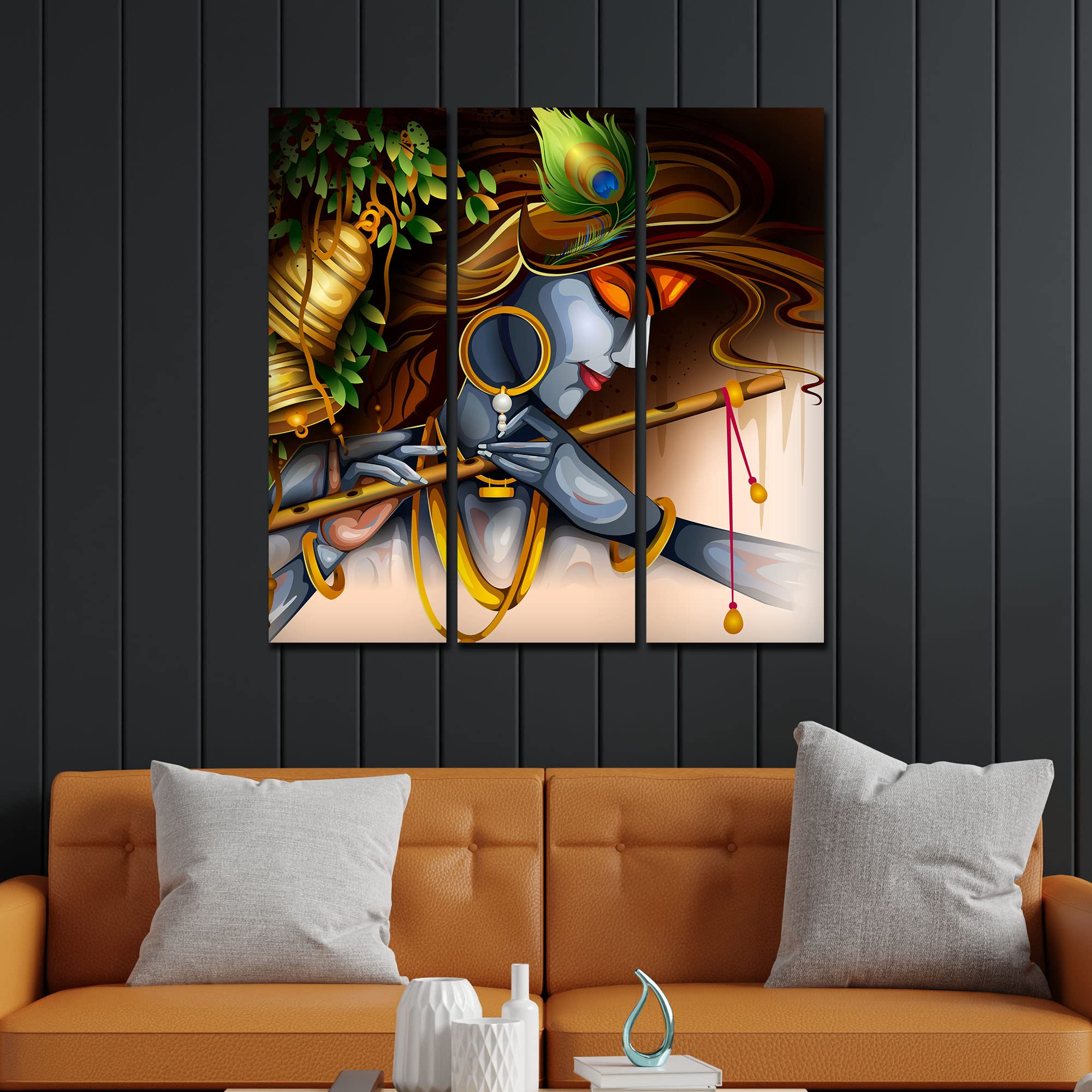 VIBECRAFTS 3 Pieces Krishna Playing Flute Canvas Wall Painting Fitted With Wooden Frame For Home | Office | Living Room | Gifts (PTVC3Pcs1_9538)