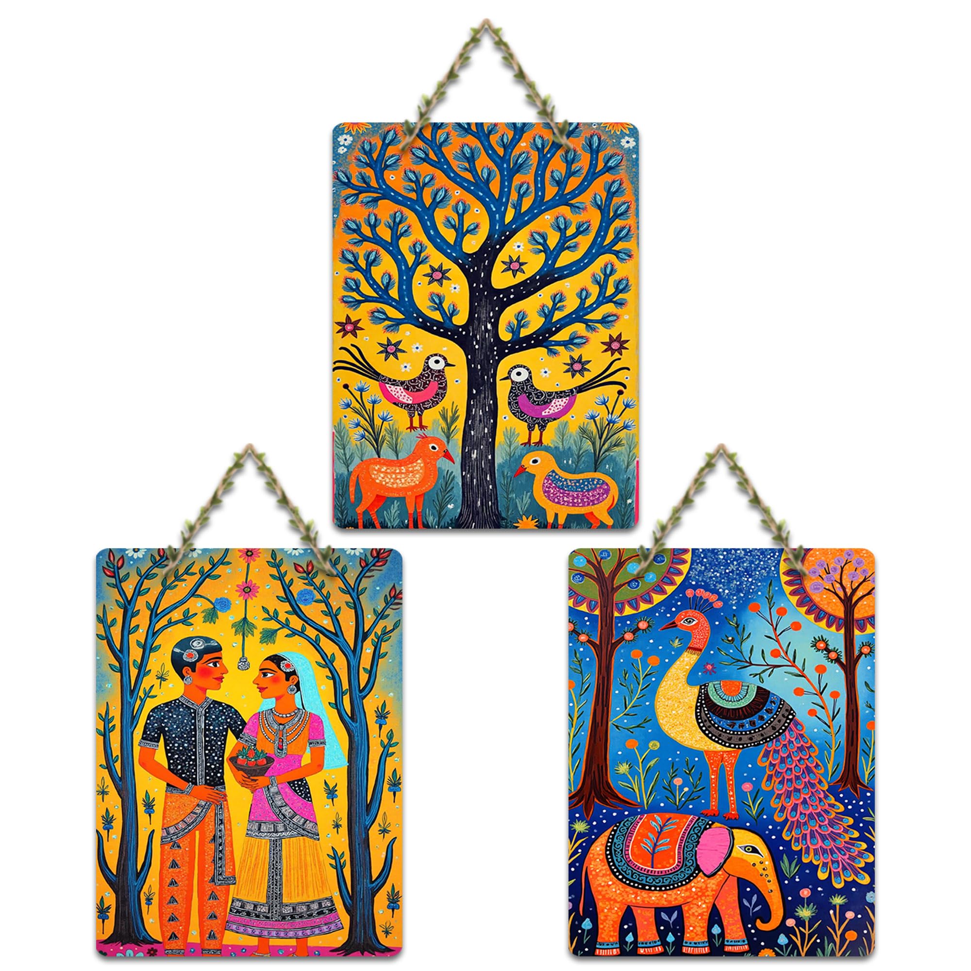 Artvibes Traditional Cultural Wall Art Wooden Art Decoration Item for Home | Living Room | Office | Wall Art Painting For Hall | Graphic Artwork | Wall Poster | Unique Gift (WH_96127N), Set of 3