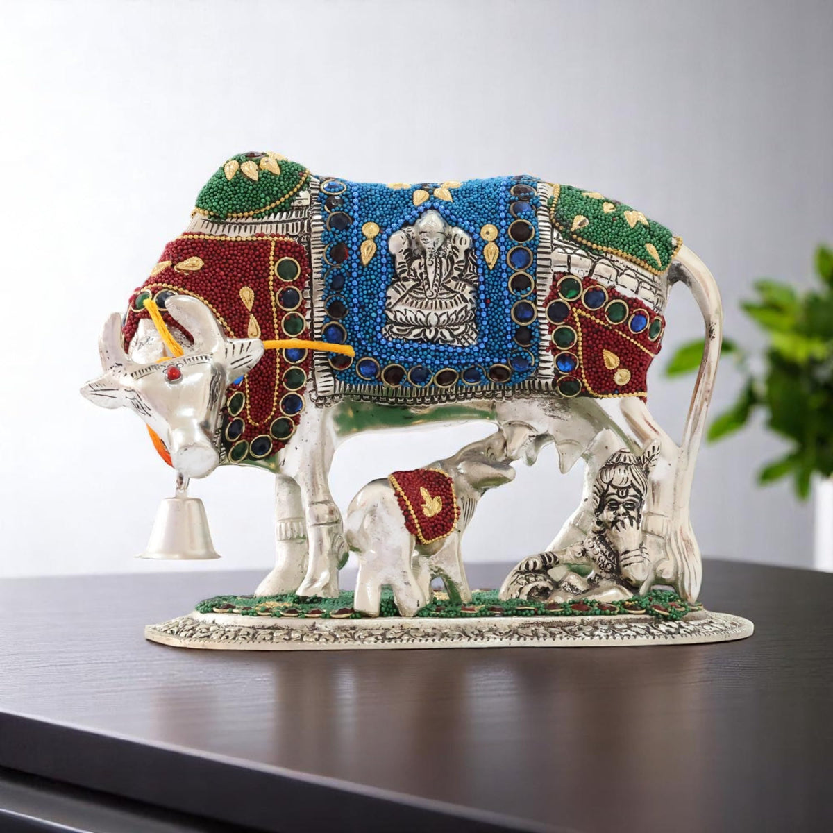 KridayKraft Gold Plated Kamdhenu Cow with Calf Metal Statue for Good Luck Feng Shui & Vastu Showpiece Religious Idol Fingures for Home and Office Table Decor