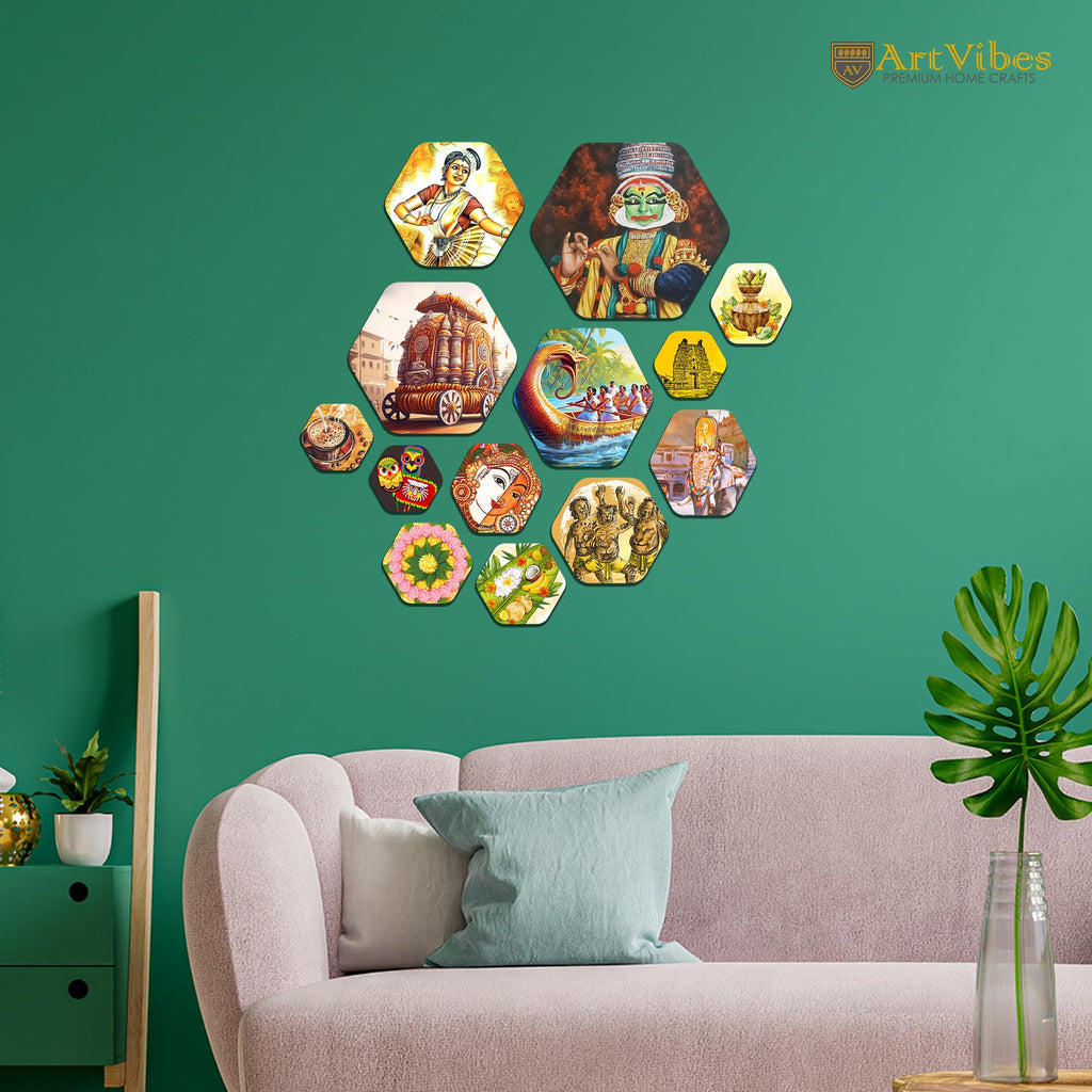 Artvibes Indian Diverse Culture Hexagon Shape MDF Wooden Wall Decor Items | Room Wall Art | Modern Decor Artwork | Living Room | Cafe | Wall Illustrations | Unique Gift Items (WPS_218N), Set of 13