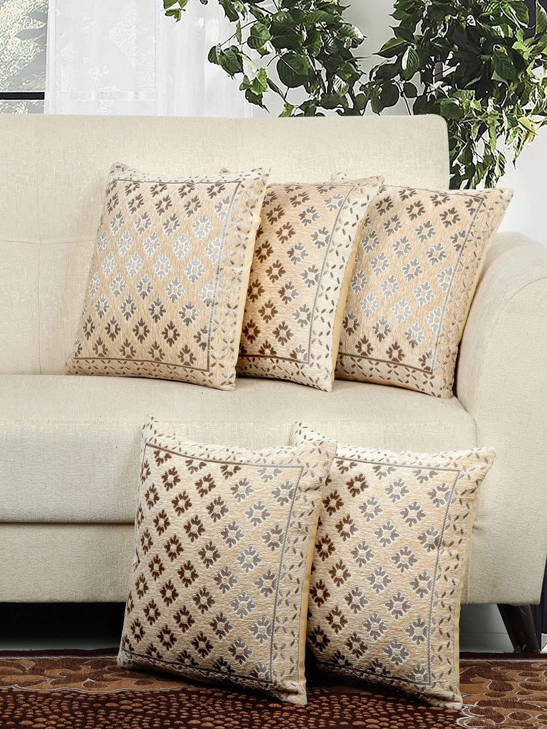 DECOMIZER Jacquard Geomteric Cushion Covers 24 Inch X 24 Inch Set Of 5 Ethnic Motifs 240 TC Cushion Covers,Design- Diamond,Color- Beige