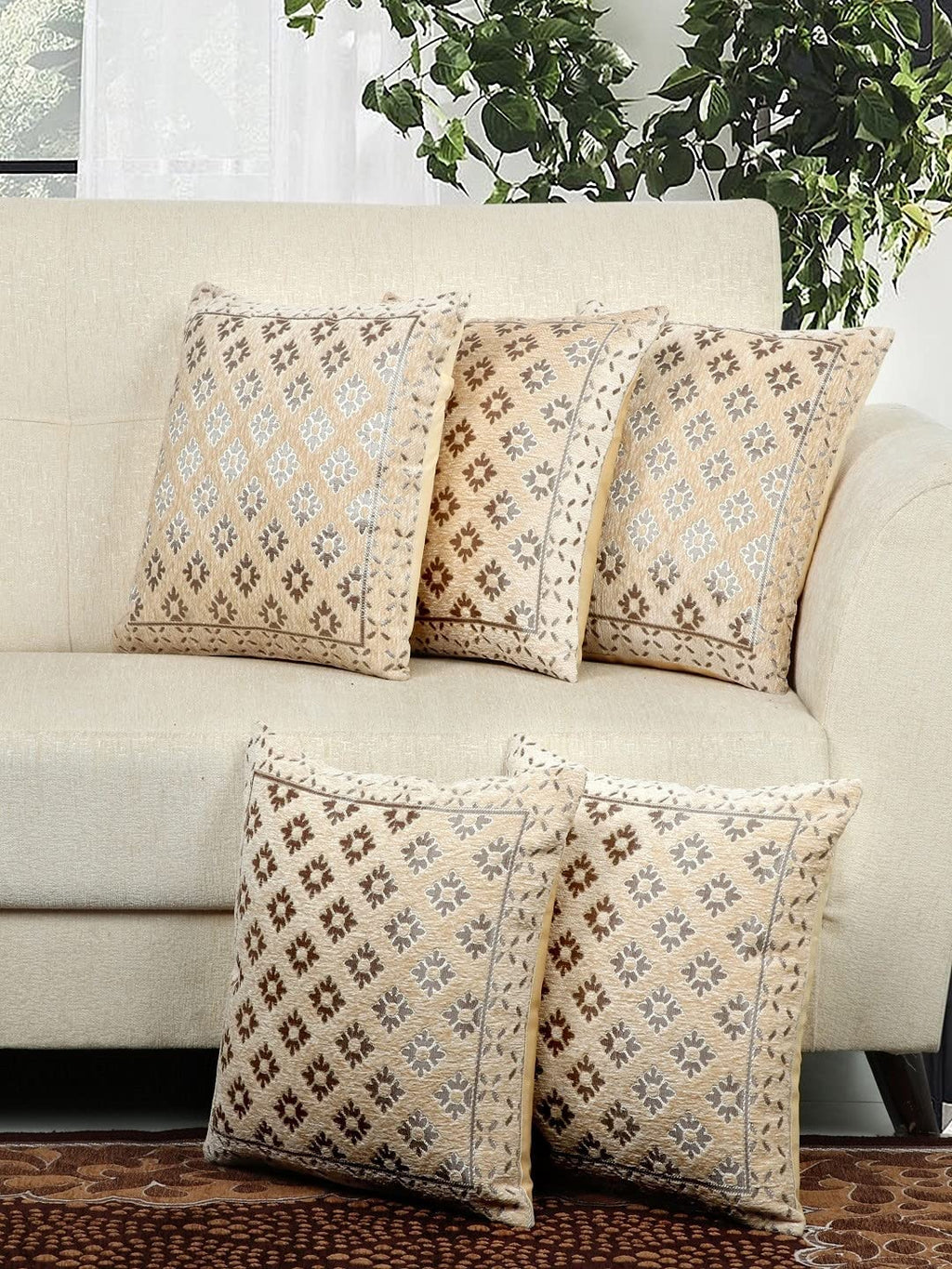 DECOMIZER Jacquard Geomteric Cushion Covers 16 Inch X 16 Inch Set Of 5 Ethnic Motifs Cushion Covers,Design- Diamond,Color- Beige, 240 TC