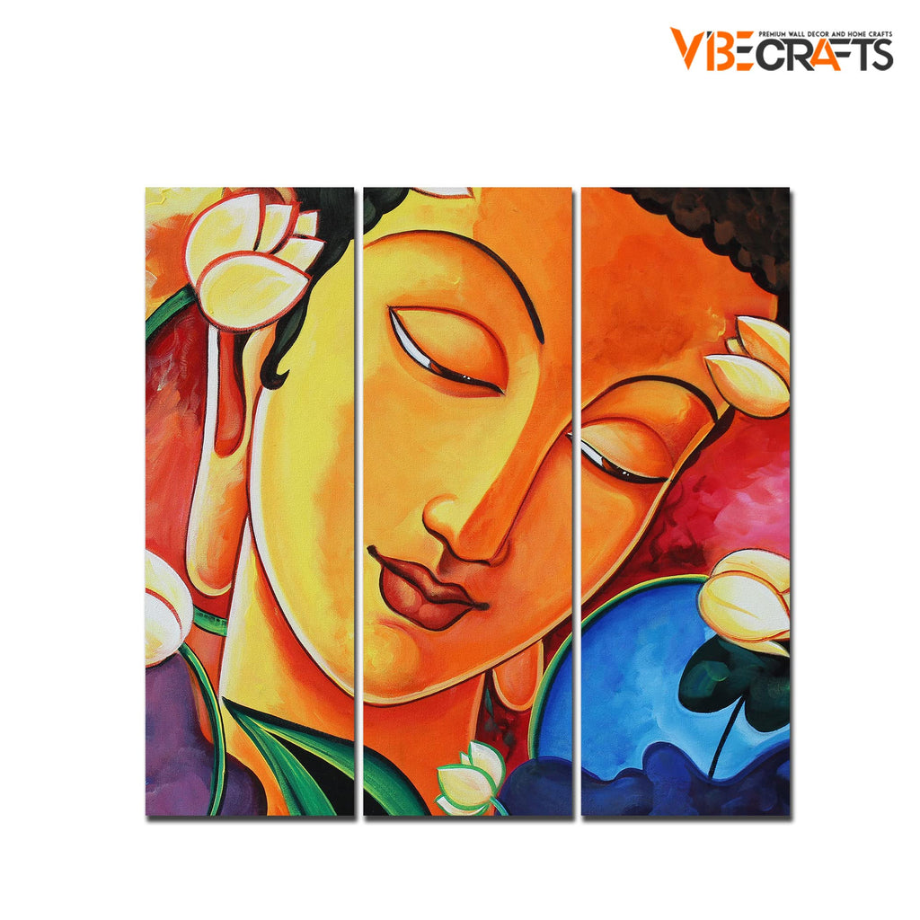 VIBECRAFTS 3 Pieces Portrait Of Buddha Canvas Wall Painting Fitted With Wooden Frame For Home | Office | Living Room | Gifts (PTVC3Pcs1_9596)