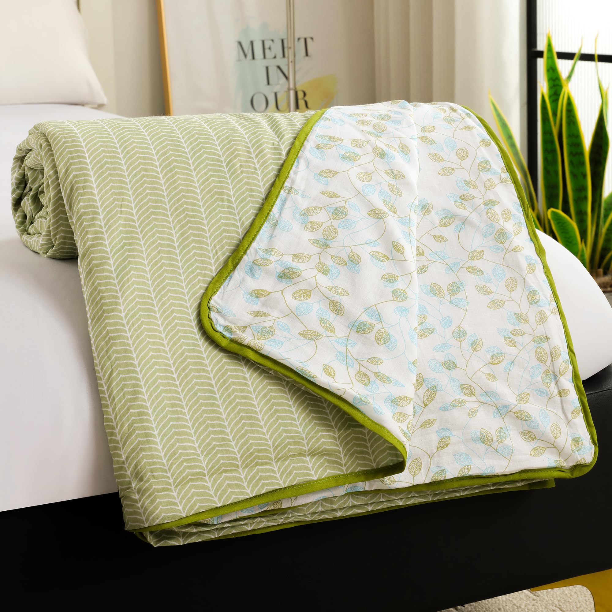 Story@Home Dohar Single Bed 100% Cotton AC Blanket for Summer|144x 220CM, 150GSM Ac Comforter and AC Blanket for Summer|Olive Green & White Leaf Pattern Duvet Reversible Quilt, All-Season Blanket Kafalo