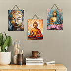 Artvibes Buddha Wooden Wall Haning for Living Room | Spiritual Decor Items | Wall Art Painting For Hall | Wall Paintings | Handcrafted Art | Ethnic Wall Decor | Gift Items (WH_96143N), Set of 3