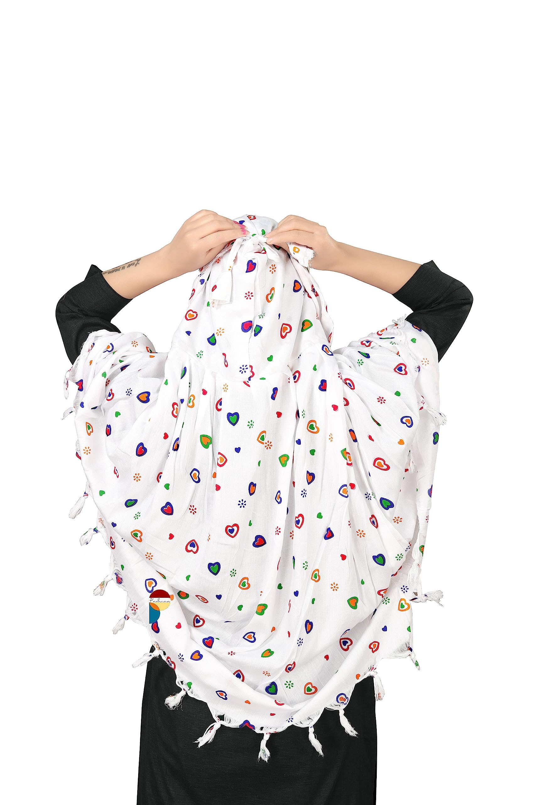 PRACHARAN Cotton Innovative Stylish Double Heart Printed Pattern Fancy Scarf With Sun Protection Cover Face Cotton Driving Scarf For Women's And Girls, White