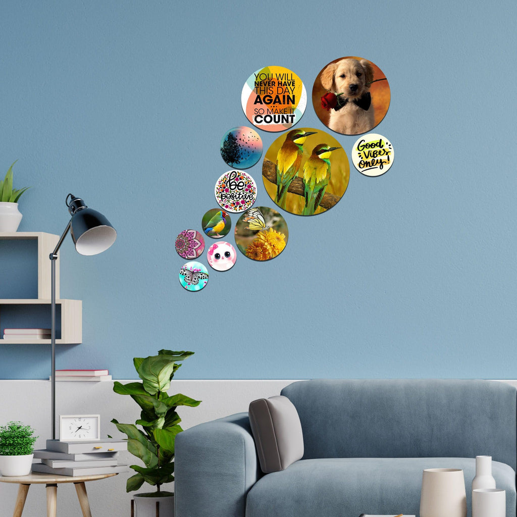 Artvibes You Will Never Have This Day Again Round Shape MDF Wooden Wall Decor Items | Motivational Wall Decor | Wall Poster | Gift Items | Office Wall Decoration Items (WPS_128NV), Set of 11
