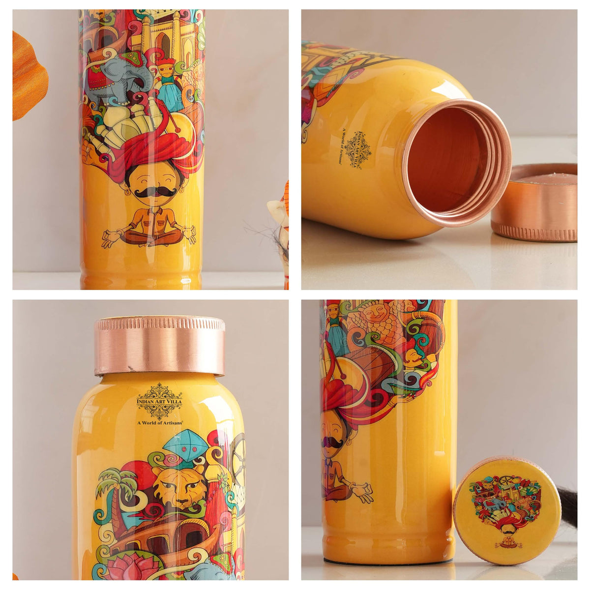 INDIAN ART VILLA Copper Water Bottle 900 ml, “Padharo Mhare Desh” Theme, Rajasthani Meena Printed Design, Handcrafted (0.9 Litre)
