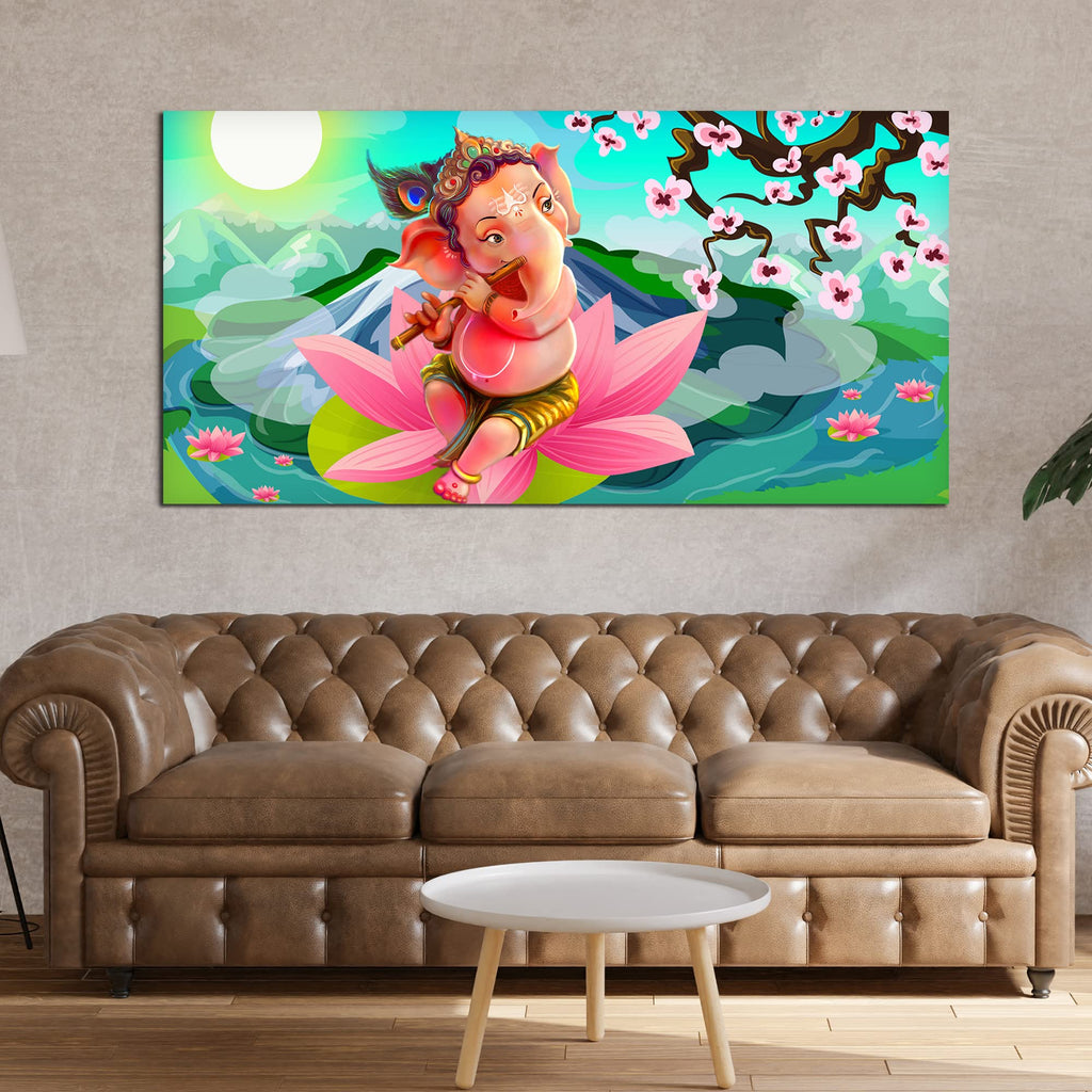 VIBECRAFTS Canvas Paintings for Living Room Drawing Room Ganesha Playing Flute Canvas Wall Painting Fitted With Wooden Frame For Home | Office | Living Room | Gift (PTVCH_2486)
