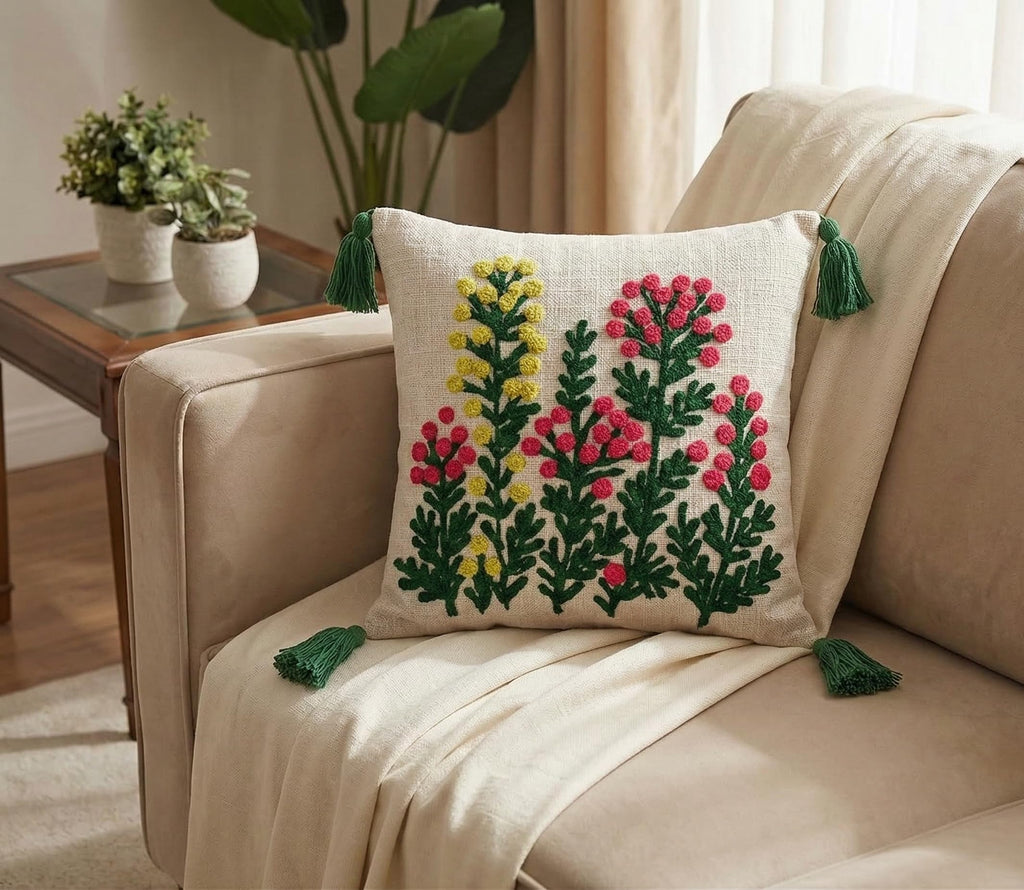 Furnistitchs Handmade Tufted Boho Cushion Covers 12x12 Inches | Embroidered Sofa Pillow Cases | Rustic Bohemian Decorative Throw Cushions for Couch Bedroom Living Room (2, Floral Drops)