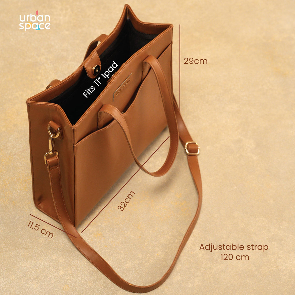 Urban Space Vegan Leather Women Tote Bag with Laptop compartment, Handbag for Work, Ladies purse, Stylish Shoulder Bag, Laptop ipad Tote Bags For Office Use, Gift for Women (Adele Tan)