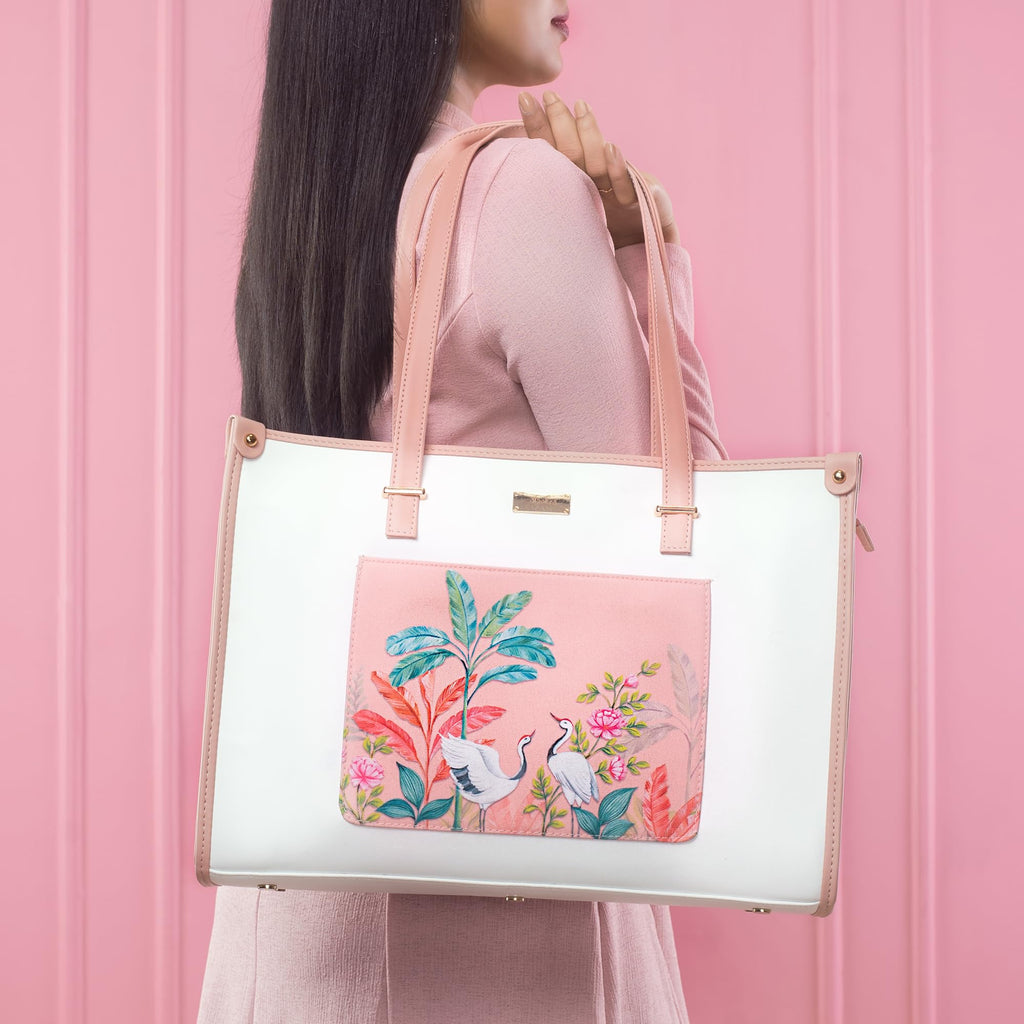 Strokes by Namrata Mehta Box Tote Bag for Women | Fits 16 Laptop | Large Tote Bag For Office Use and Work | Vegan Leather (Peachy Crane Paradise Box Tote bag)