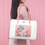 Strokes by Namrata Mehta Box Tote Bag for Women | Fits 16 Laptop | Large Tote Bag For Office Use and Work | Vegan Leather (Peachy Crane Paradise Box Tote bag)