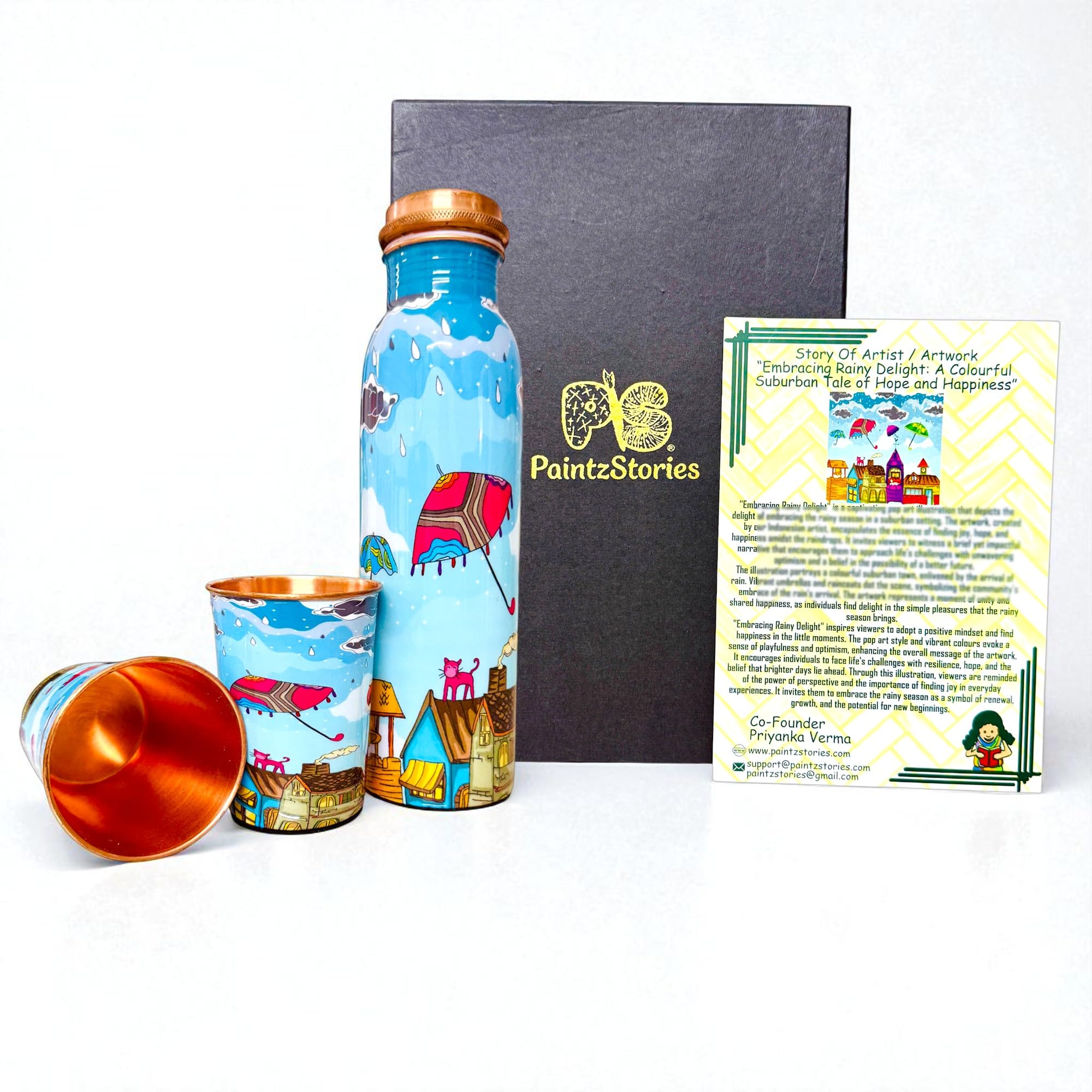 PAINTZSTORIES Embracing Rainy Delight Meena Print Copper Water Bottle Set | Handcrafted Tamba Bottle with 2 Glasses | Premium Copper Water Bottle for Home Décor, Office, Travel & Gifting | 900 ml