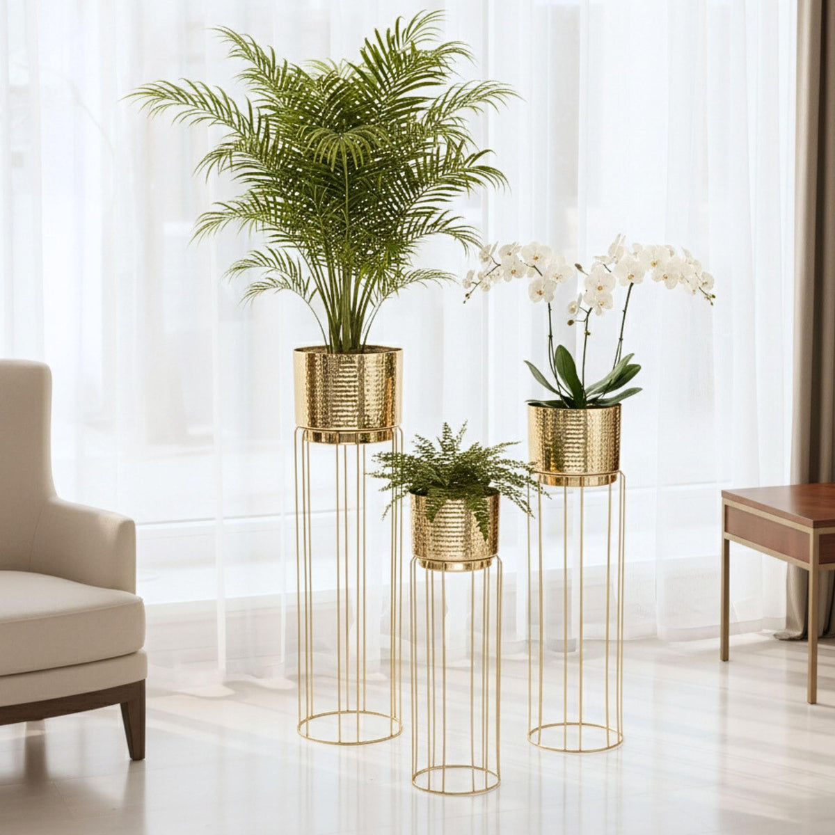 BEHOMA Gold Metal Floor Planters with Stand, Set of 3 - Living Room