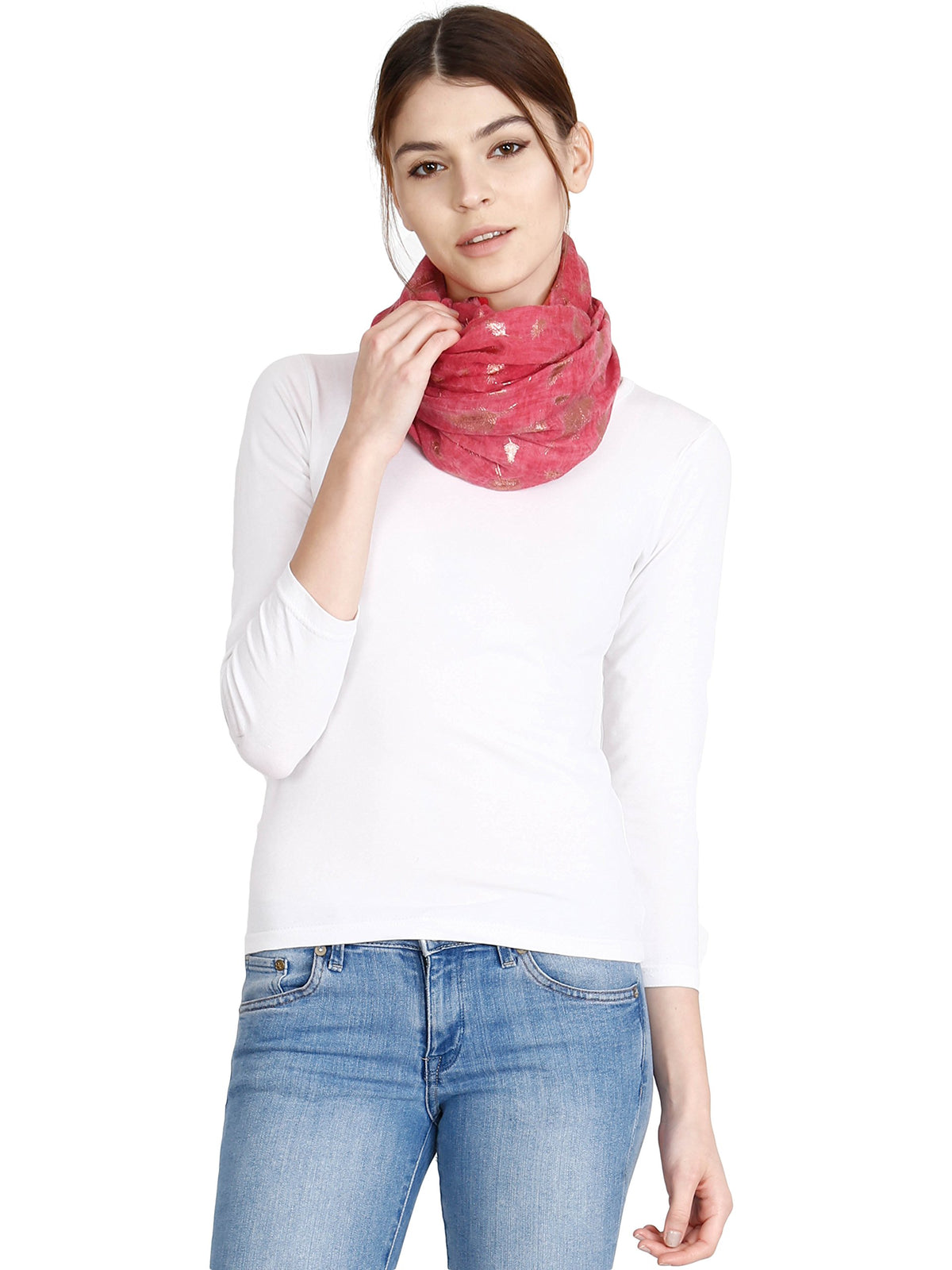 FabSeasons Casual Pinkish Red Cotton Solid Scarf with Feathers Design Zari, Scarves, Stole, Duppatta & Shawl for Women & Girls for Summer & Winters, Size - 80 * 180 cms