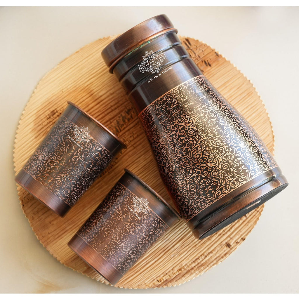 INDIAN ART VILLA Copper Bedroom Bottle & Glass Set, Antique Dark Finish, Embossed Design, Drinkware Gift Set, 1000 ml