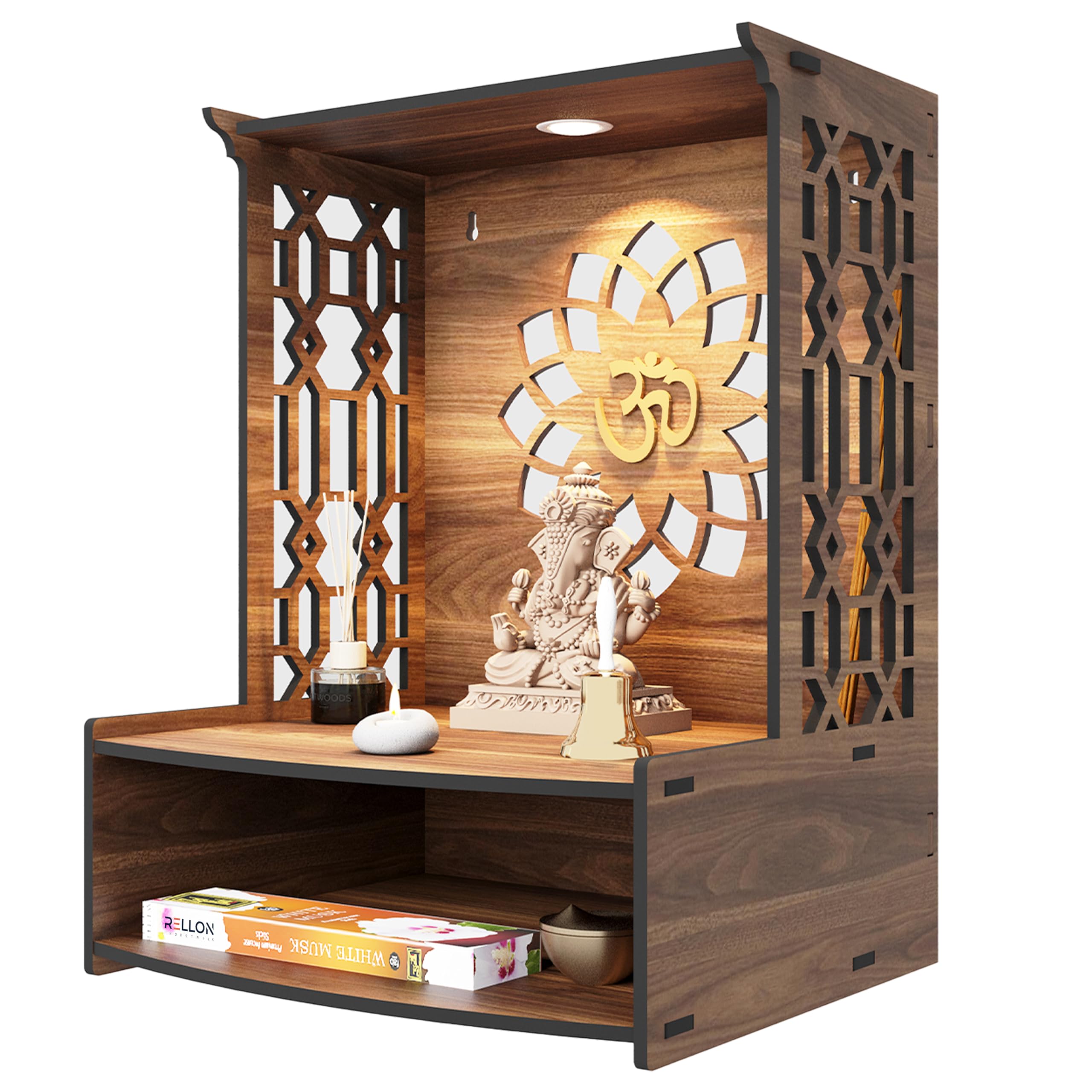 Rellon Industries Temple for Home, Mandir for Home for Pooja Mandir for Home Beautiful Wooden Temple for Home Pooja Stand for Home and Office with LED Spot Light mandir (A3)