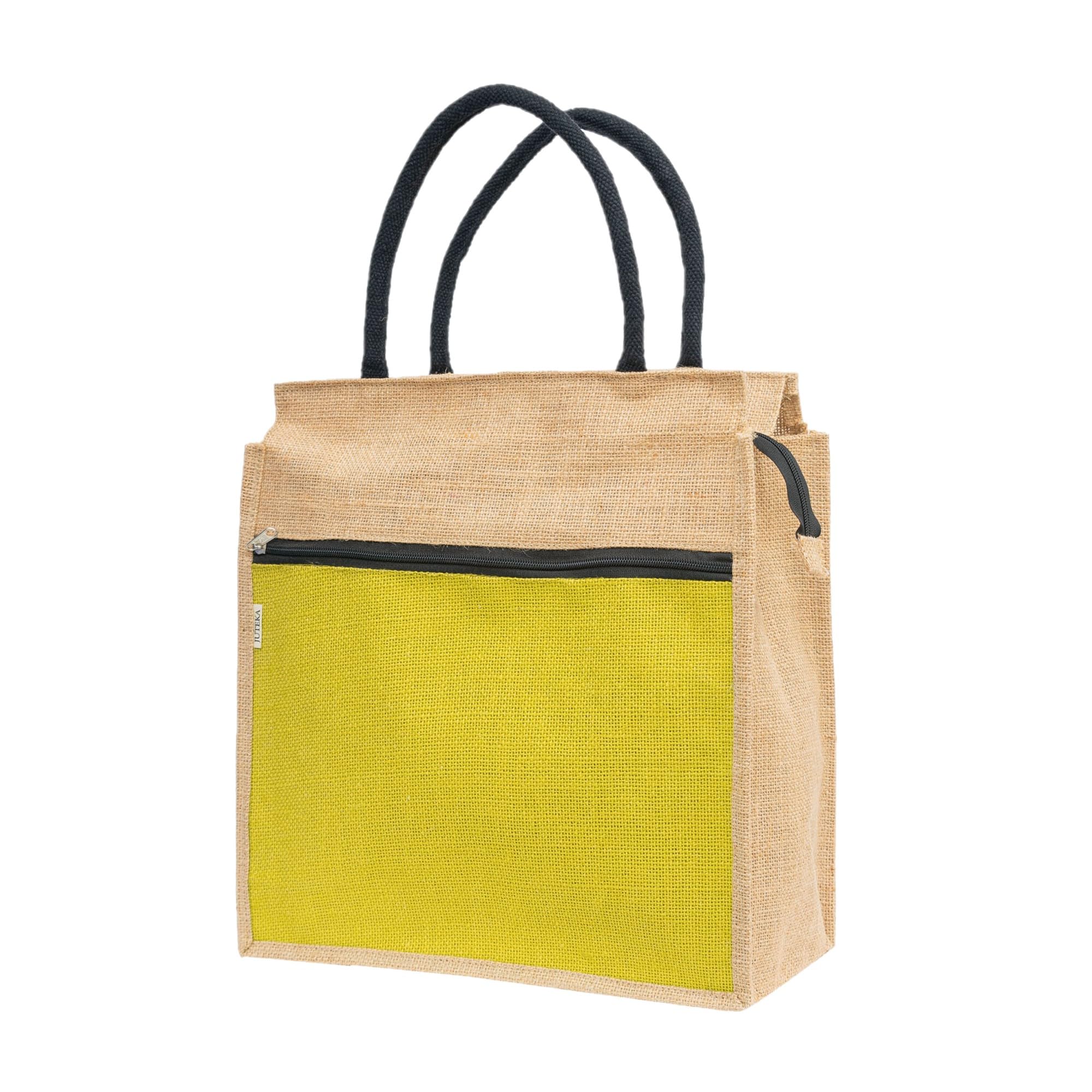 JUTEKA Front Zip Pocket Yellow color Jute Bag for Lunch, Office, Grocery, Picnic, Tiffin, Shopping Hand Bag with padded cotton handles