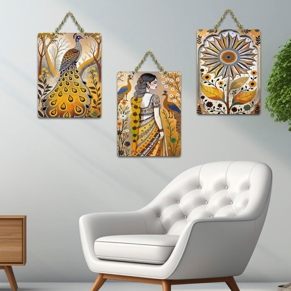 Artvibes Gorgeous Women With Peacocks & Flowers Aesthetic Modern Art Decorative Wall Art MDF Wooden Wall Hanger for Home | Home Decor | Wall Accent | Wall Art Print | Ideal Gifts (WH_9692N), Set of 3