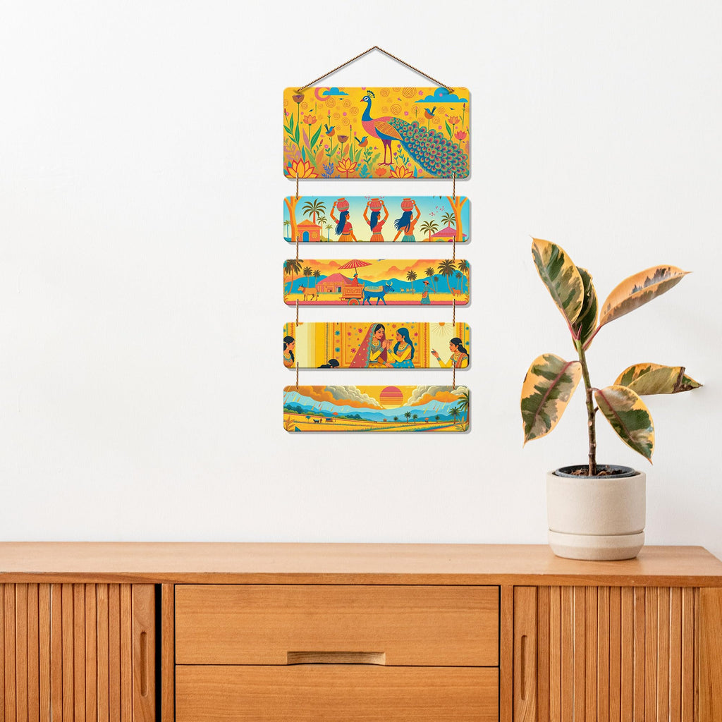 Artvibes Bride Sitting With Friends Village Theme Ethnic Indian Folk Art Decorative Wall Art MDF Wooden Wall Hanger for Living Room | Home Decor | Wall Illustrations | Art Print | Gift Item (WH_6714N)