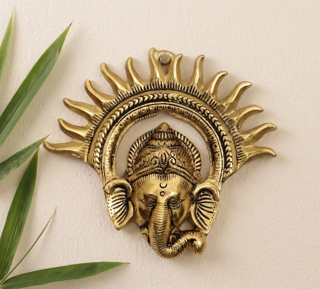 KridayKraft Ganesha Face Wall Hanging, Gold, Metal, 19 cm x 17 cm, 180 gm, Sun Halo Design
