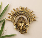 KridayKraft Ganesha Face Wall Hanging, Gold, Metal, 19 cm x 17 cm, 180 gm, Sun Halo Design