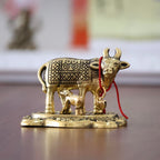 KridayKraft Kamdhenu Cow with Calf Metal Rajasthani Handicrafts Decorative Showpiece for Gifting Anniversary Valentine's Day (Golden)